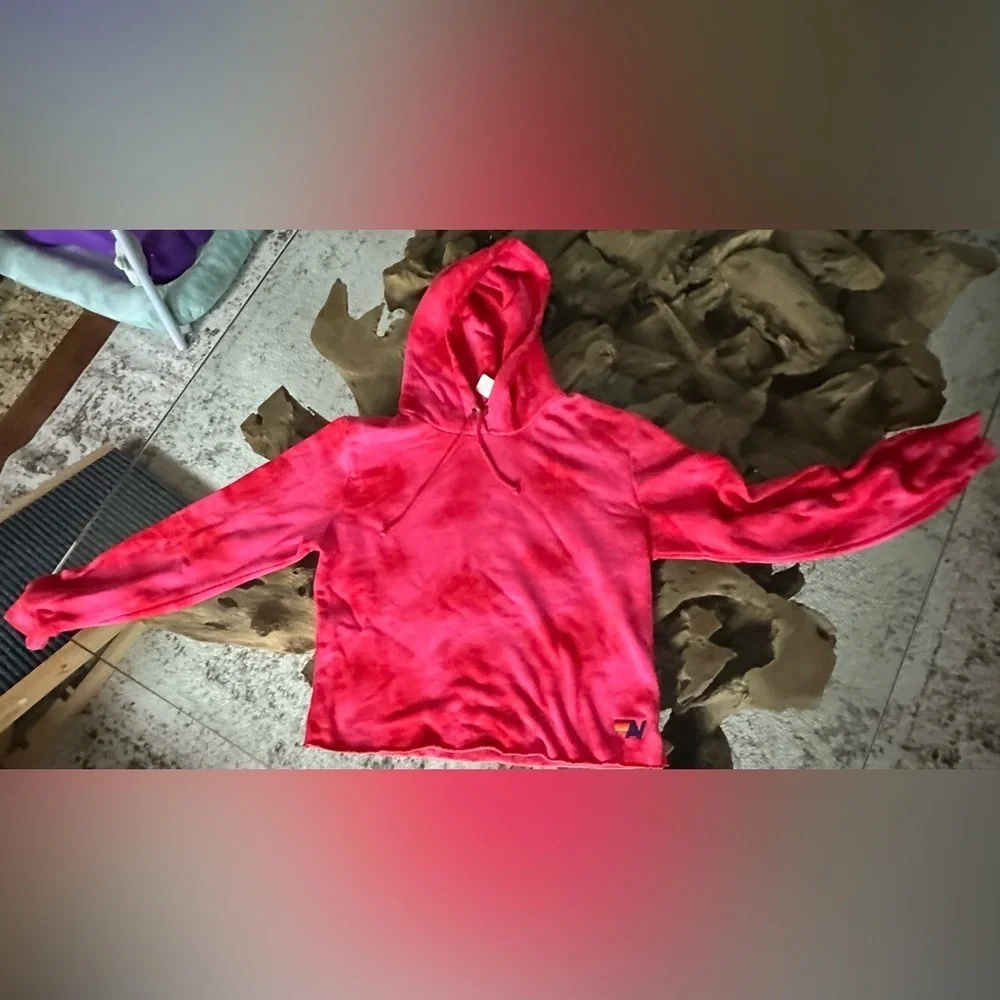 AVIATOR NATION NWT CROP PULLOVER HOODIE SWEATSHIRT in Tie Dye Crystal Red— M